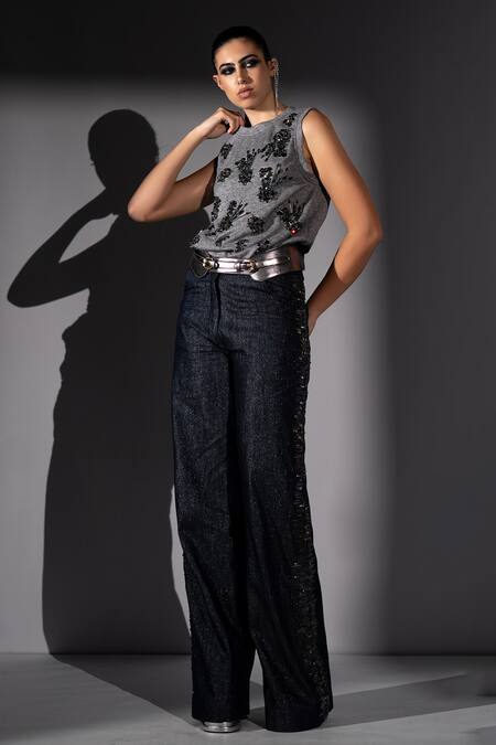 Shop_Nikita Mhaisalkar_Blue Denim Embroidery Holographic Pant _Online_at_Aza_Fashions