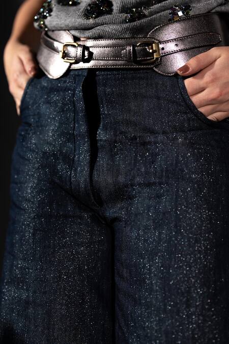 Nikita Mhaisalkar_Blue Denim Embroidery Holographic Pant _at_Aza_Fashions