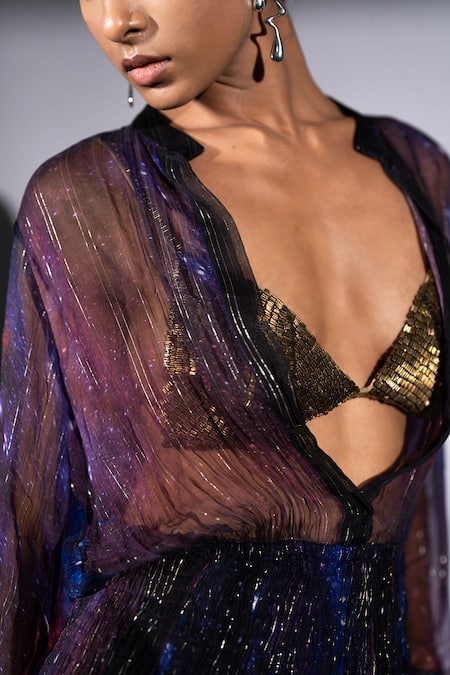 Nikita Mhaisalkar_Gold Tulle Embroidery V-neck Cutpipe Embellished Bralette _at_Aza_Fashions