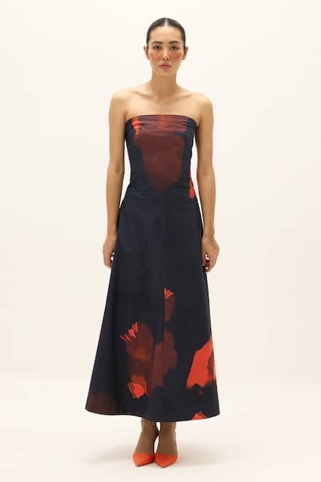 Buy_Kharakapas_Black Cotton Bandeau Neck Nubra A-line Dress _Online_at_Aza_Fashions