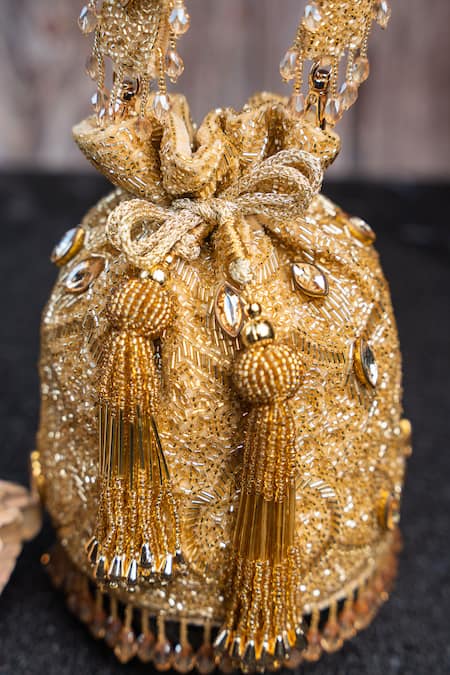 Shop_Nayaab By Sonia_Gold Beads, Sequins, Crystals, Stones, Tassels Water Embellished Potli _Online_at_Aza_Fashions