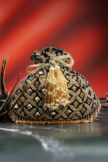 Nayaab By Sonia_Black Embroidery, Metallic Thread, Tassels, Pearls, Leafy Lattice Potli _Online_at_Aza_Fashions