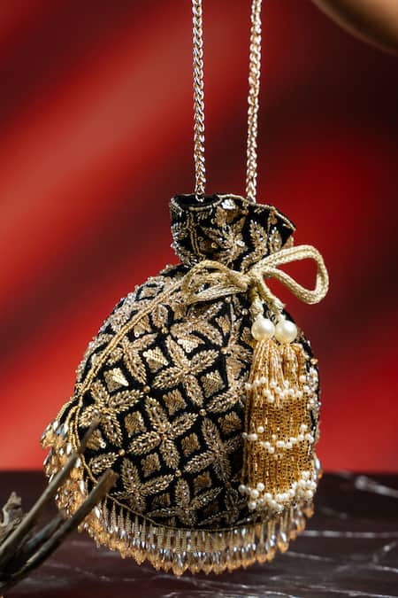 Buy_Nayaab By Sonia_Black Embroidery, Metallic Thread, Tassels, Pearls, Leafy Lattice Potli _Online_at_Aza_Fashions