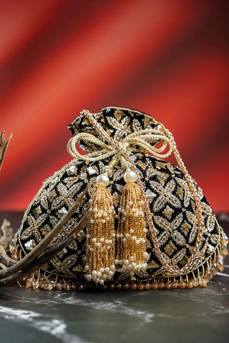 Shop_Nayaab By Sonia_Black Embroidery, Metallic Thread, Tassels, Pearls, Leafy Lattice Potli _Online_at_Aza_Fashions