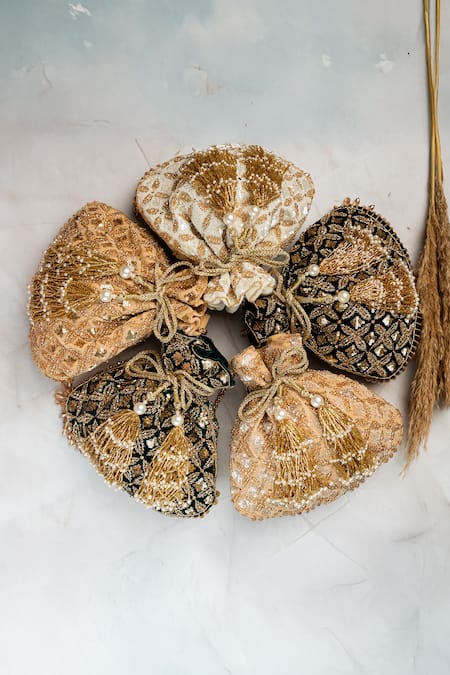 Shop_Nayaab By Sonia_Black Embroidery, Metallic Thread, Tassels, Pearls, Leafy Lattice Potli 