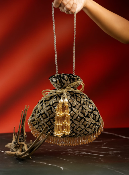 Nayaab By Sonia Leafy Lattice Embroidered Potli 