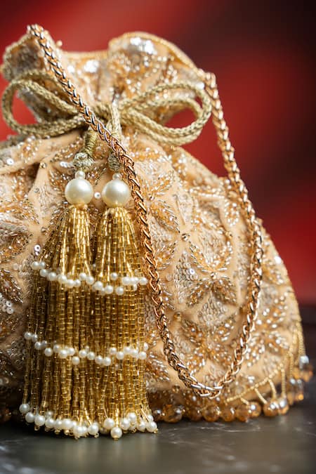 Buy_Nayaab By Sonia_Gold Embroidery, Metallic Thread, Tassels, Pearls, Beads, Leafy Lattice Potli _Online_at_Aza_Fashions