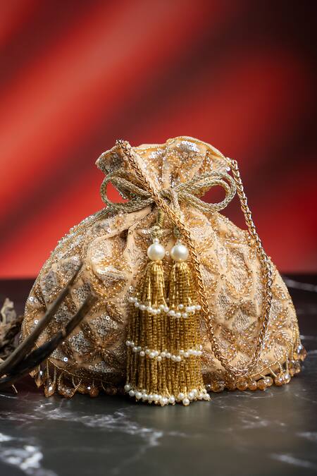 Shop_Nayaab By Sonia_Gold Embroidery, Metallic Thread, Tassels, Pearls, Beads, Leafy Lattice Potli 