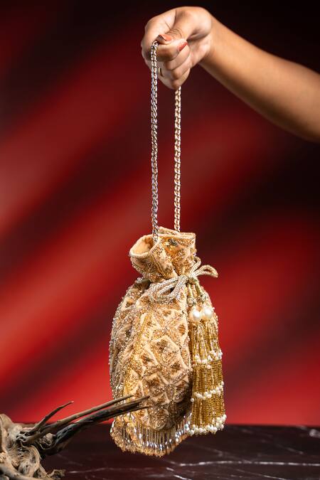 Nayaab By Sonia_Gold Embroidery, Metallic Thread, Pearls, Beads, Sequins, Leafy Lattice Potli _Online_at_Aza_Fashions