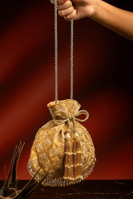 Buy_Nayaab By Sonia_Gold Embroidery, Metallic Thread, Pearls, Beads, Sequins, Leafy Lattice Potli _Online_at_Aza_Fashions