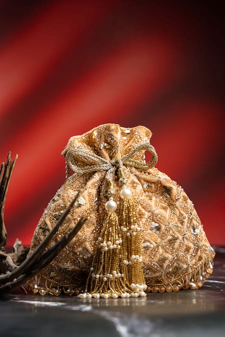 Shop_Nayaab By Sonia_Gold Embroidery, Metallic Thread, Pearls, Beads, Sequins, Leafy Lattice Potli _Online_at_Aza_Fashions