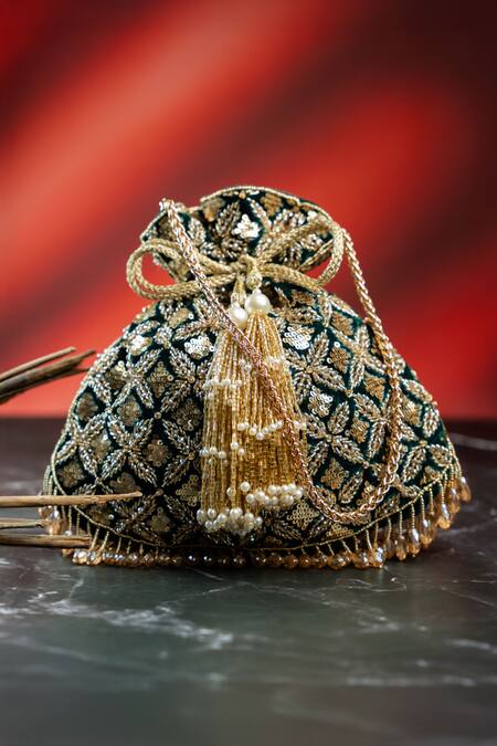 Nayaab By Sonia_Emerald Green Embroidery, Metallic Thread, Tassels, Pearls, Leafy Lattice Potli _Online_at_Aza_Fashions