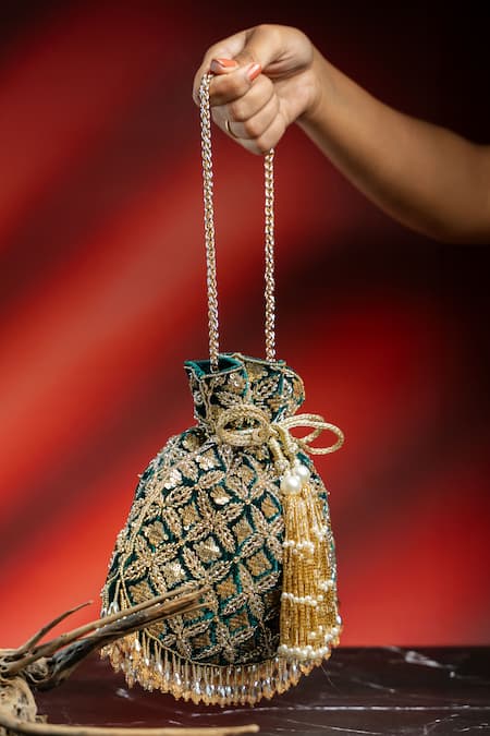 Buy_Nayaab By Sonia_Emerald Green Embroidery, Metallic Thread, Tassels, Pearls, Leafy Lattice Potli _Online_at_Aza_Fashions