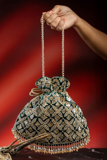 Nayaab By Sonia Leafy Lattice Embroidered Potli 