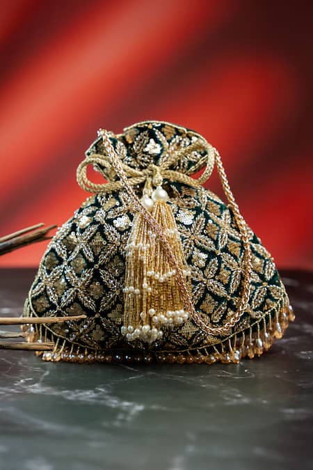 Nayaab By Sonia_Emerald Green Embroidery, Metallic Thread, Tassels, Pearls, Leafy Lattice Potli _at_Aza_Fashions