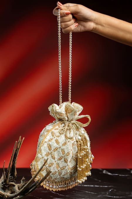 Nayaab By Sonia_Ivory Embroidery, Sequins, Pearls, Beads, Crystals, Fringe Leafy Lattice Potli _Online_at_Aza_Fashions