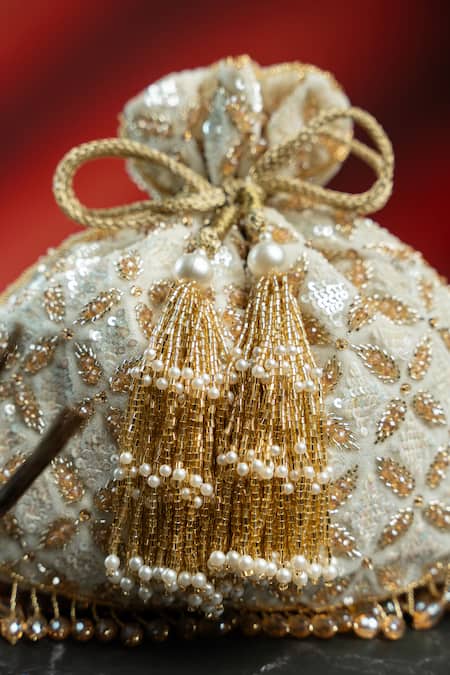 Buy_Nayaab By Sonia_Ivory Embroidery, Sequins, Pearls, Beads, Crystals, Fringe Leafy Lattice Potli _Online_at_Aza_Fashions