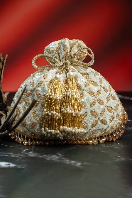 Nayaab By Sonia_Ivory Embroidery, Sequins, Pearls, Beads, Crystals, Fringe Leafy Lattice Potli _at_Aza_Fashions