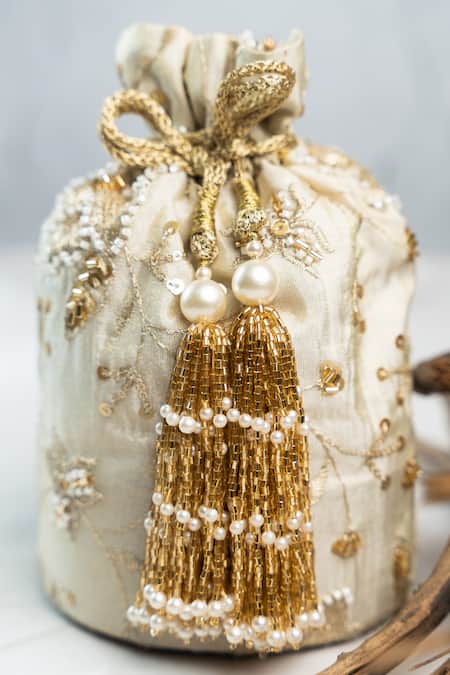 Nayaab By Sonia_Off White Embroidery, Sequins, Beads, Pearls, Tassels Opulent Potli _Online_at_Aza_Fashions