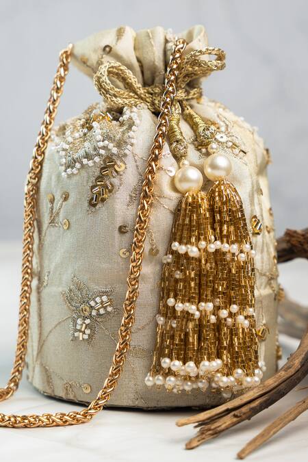 Shop_Nayaab By Sonia_Off White Embroidery, Sequins, Beads, Pearls, Tassels Opulent Potli _Online_at_Aza_Fashions