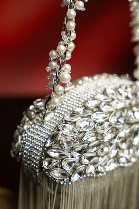 Nayaab By Sonia_Silver Crystals, Fringe, Pearls, Diamond Hinted Radiance And Metallic Clutch _Online_at_Aza_Fashions