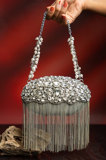 Nayaab By Sonia Diamond Hinted Radiance Silver Crystal Stone & Metallic Fringe Clutch 