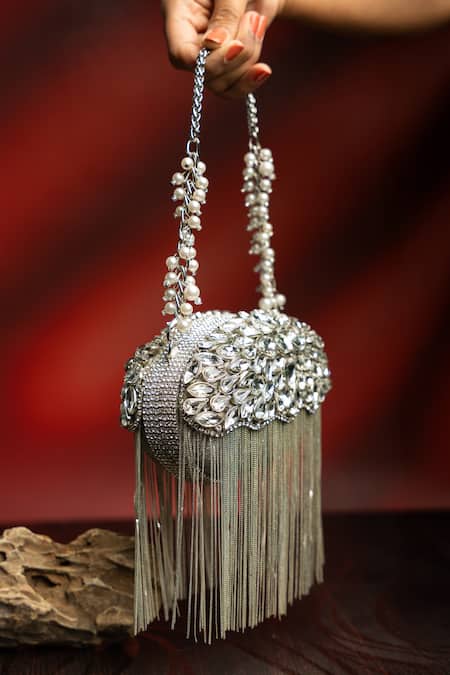 Nayaab By Sonia Diamond Hinted Radiance Silver Crystal Stone & Metallic Fringe Clutch 