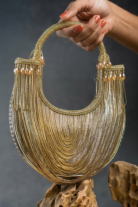 Nayaab By Sonia_Gold Chains, Beads Hinted Sailor Tasseled Metallic Bag _Online_at_Aza_Fashions