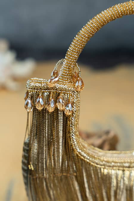 Buy_Nayaab By Sonia_Gold Chains, Beads Hinted Sailor Tasseled Metallic Bag _Online_at_Aza_Fashions