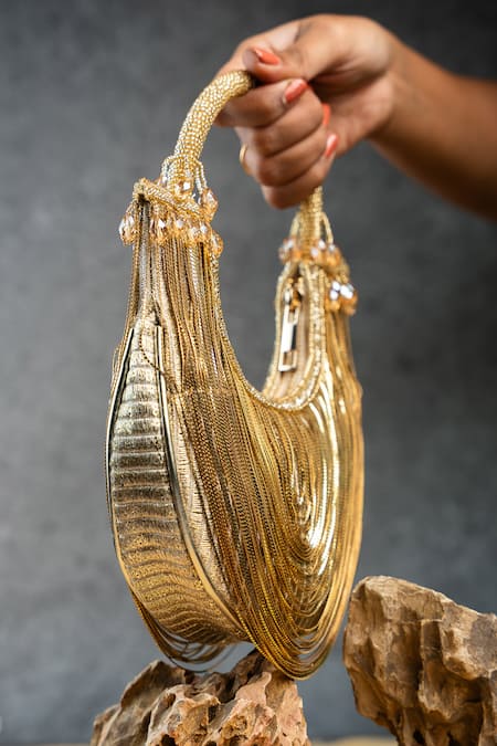 Shop_Nayaab By Sonia_Gold Chains, Beads Hinted Sailor Tasseled Metallic Bag _Online_at_Aza_Fashions