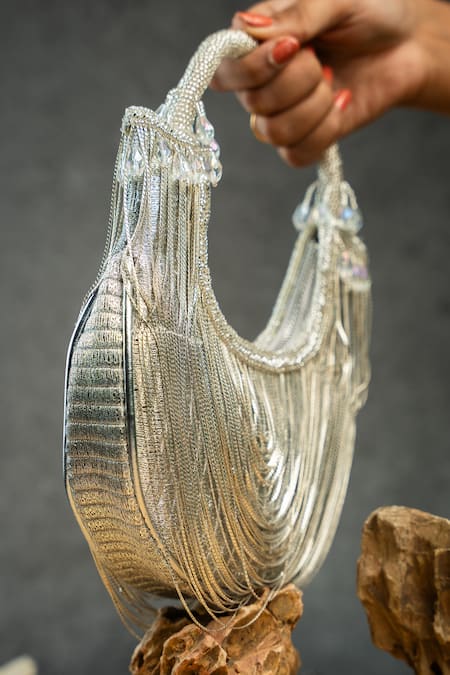 Nayaab By Sonia_Silver Chains, Tassels, Beads Hinted Sailor Metallic Bag _Online_at_Aza_Fashions