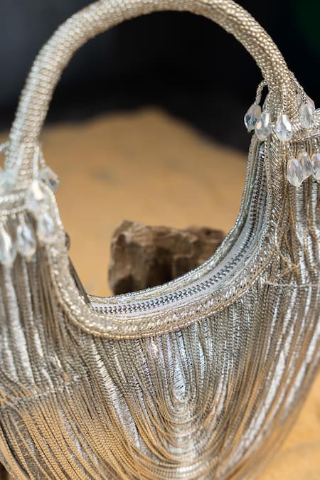 Buy_Nayaab By Sonia_Silver Chains, Tassels, Beads Hinted Sailor Metallic Bag _Online_at_Aza_Fashions