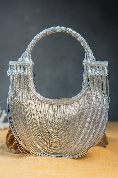 Nayaab By Sonia_Silver Chains, Tassels, Beads Hinted Sailor Metallic Bag _at_Aza_Fashions