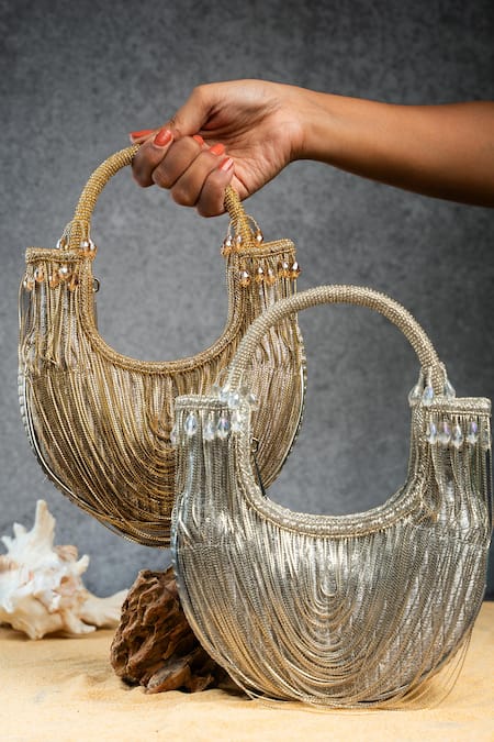 Buy_Nayaab By Sonia_Silver Chains, Tassels, Beads Hinted Sailor Metallic Bag 