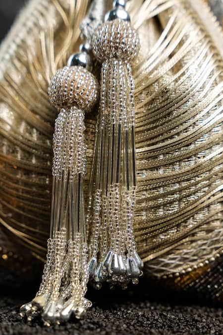 Buy_Nayaab By Sonia_Silver Beads, Tassels Hinted Metallic Potli _Online_at_Aza_Fashions