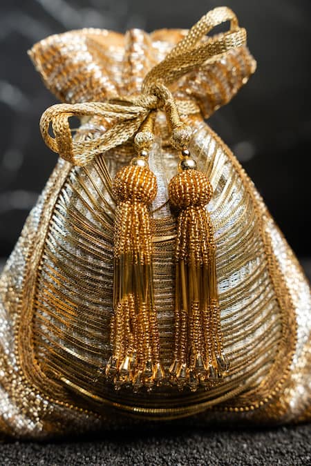 Nayaab By Sonia_Gold Tassels, Chains Hinted Metallic Potli _Online_at_Aza_Fashions