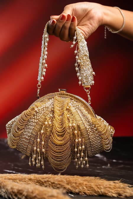 Nayaab By Sonia Briller Scallop Beaded Clutch 