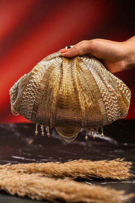Nayaab By Sonia_Gold Beads, Pearls, Sequins, Tassels Briller Scallop Beaded Clutch _Online_at_Aza_Fashions