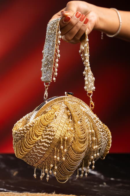 Buy_Nayaab By Sonia_Gold Beads, Pearls, Sequins, Tassels Briller Scallop Beaded Clutch _Online_at_Aza_Fashions