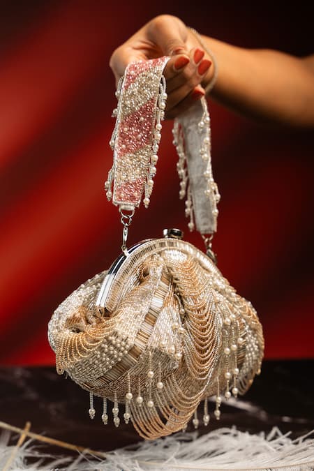 Buy_Nayaab By Sonia_Silver Beads, Pearls, Sequins, Tassels Briller Scallop Embellished Clutch _Online_at_Aza_Fashions