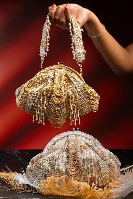 Shop_Nayaab By Sonia_Silver Beads, Pearls, Sequins, Tassels Briller Scallop Embellished Clutch _Online_at_Aza_Fashions