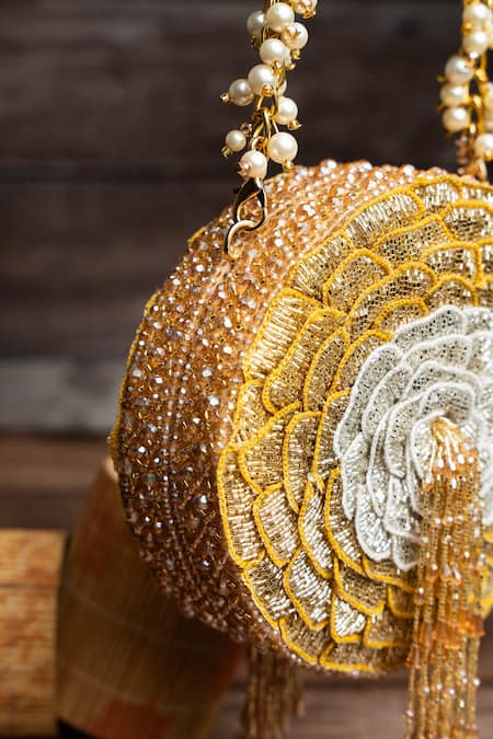 Nayaab By Sonia_Gold Beads, Tassels, Pearls Majestic Sphere Luxe Box Clutch _Online_at_Aza_Fashions