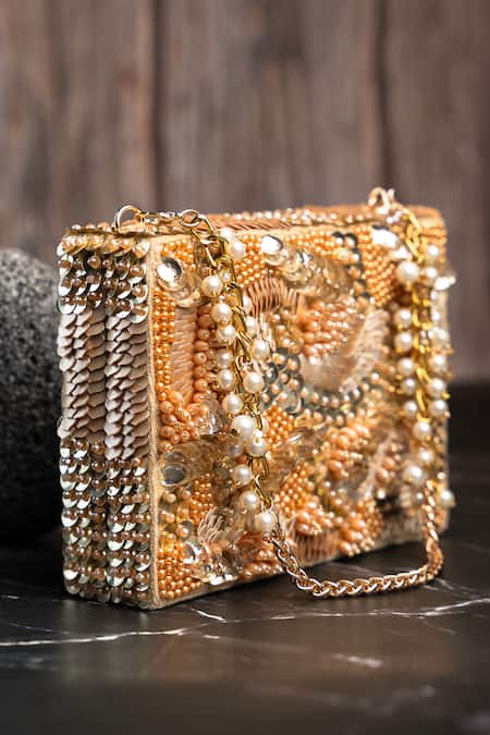 Nayaab By Sonia_Gold Beads, Sequins, Pearls Kasse Studded Box Clutch _Online_at_Aza_Fashions