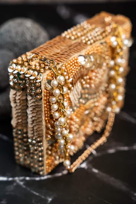 Buy_Nayaab By Sonia_Gold Beads, Sequins, Pearls Kasse Studded Box Clutch _Online_at_Aza_Fashions