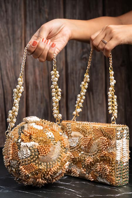 Shop_Nayaab By Sonia_Gold Beads, Sequins, Pearls Kasse Studded Box Clutch _Online_at_Aza_Fashions