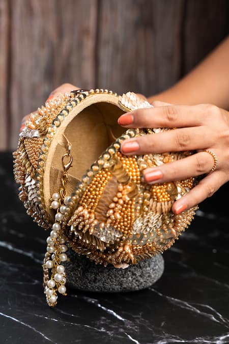 Buy_Nayaab By Sonia_Gold Sequins, Beads, Pearls Soccer Beadwork Ball Clutch _Online_at_Aza_Fashions