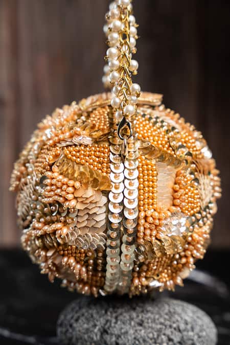 Shop_Nayaab By Sonia_Gold Sequins, Beads, Pearls Soccer Beadwork Ball Clutch _Online_at_Aza_Fashions