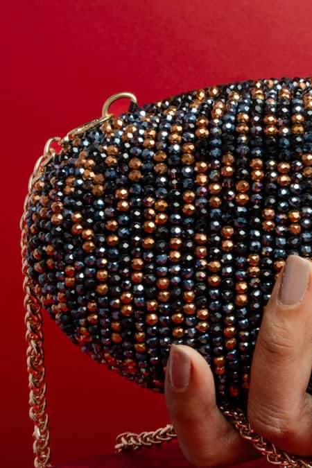 Nayaab By Sonia_Black Beads Obsidian Grace Eclipse Oval Clutch _Online_at_Aza_Fashions