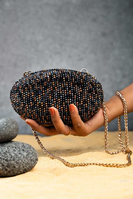 Buy_Nayaab By Sonia_Black Beads Obsidian Grace Eclipse Oval Clutch _Online_at_Aza_Fashions