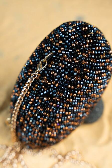 Nayaab By Sonia_Black Beads Obsidian Grace Eclipse Oval Clutch _at_Aza_Fashions